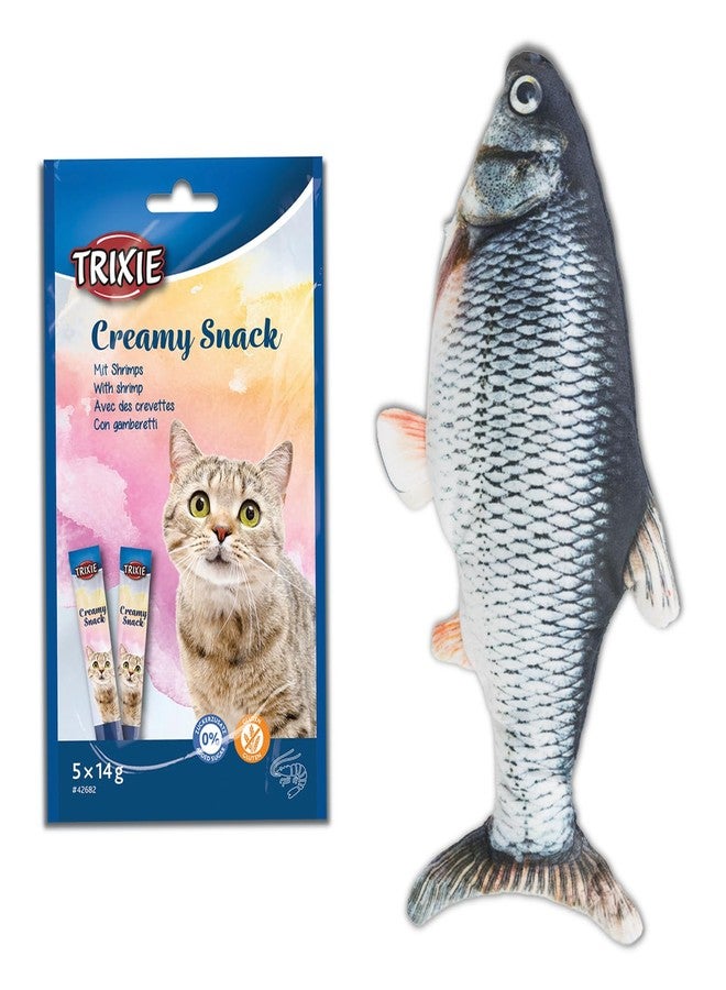 تريكسي مجموعة من وجبات تريكسي الكريمية بنكهة الروبيان للقطط والقطط الصغيرة (5 أنابيب 14 غرام) ولعبة تريكسي الواقعية المتحركة على شكل سمكة قطيفة للقطط مع النعناع البري، 30 سم - مناسبة لجميع سلالات القطط - Image 1